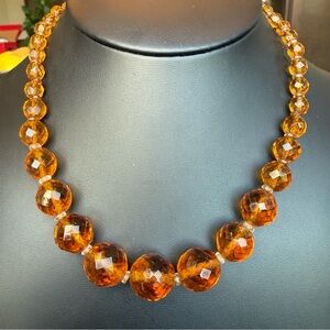 Amber Colored Graduated Faceted Glass Beaded Necklace Vintage 1950’s